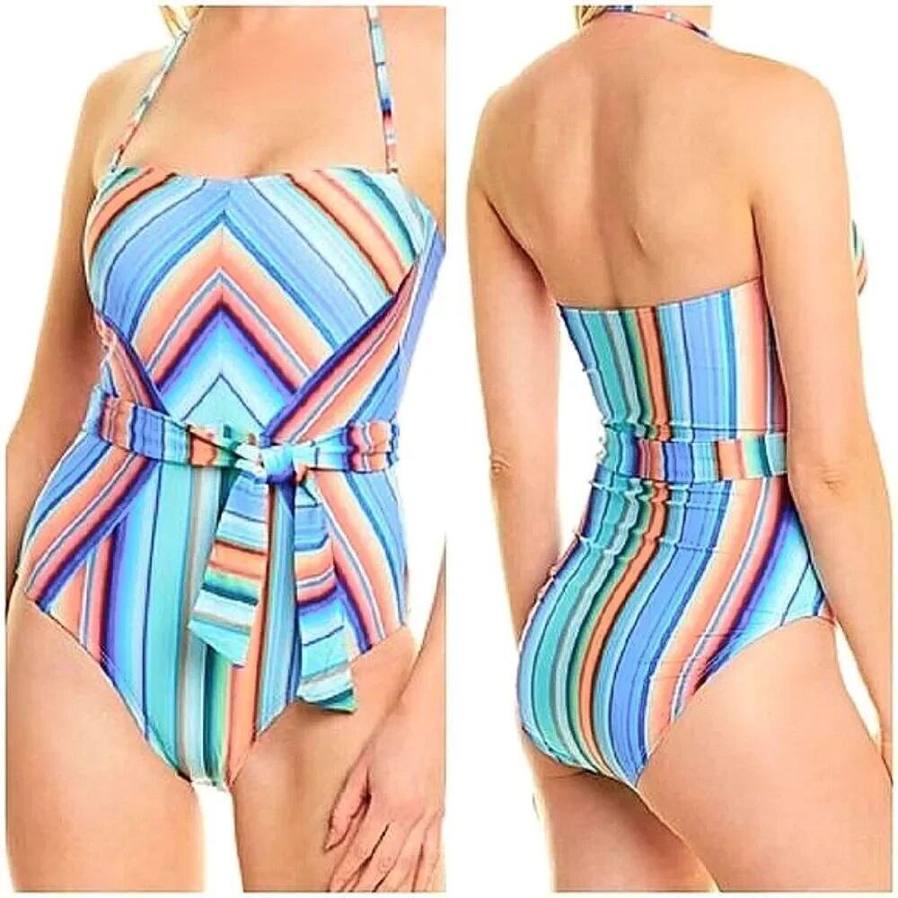 La Blanca Women's Bandeau Sunset Belted One-piece Swimsuit Size 10